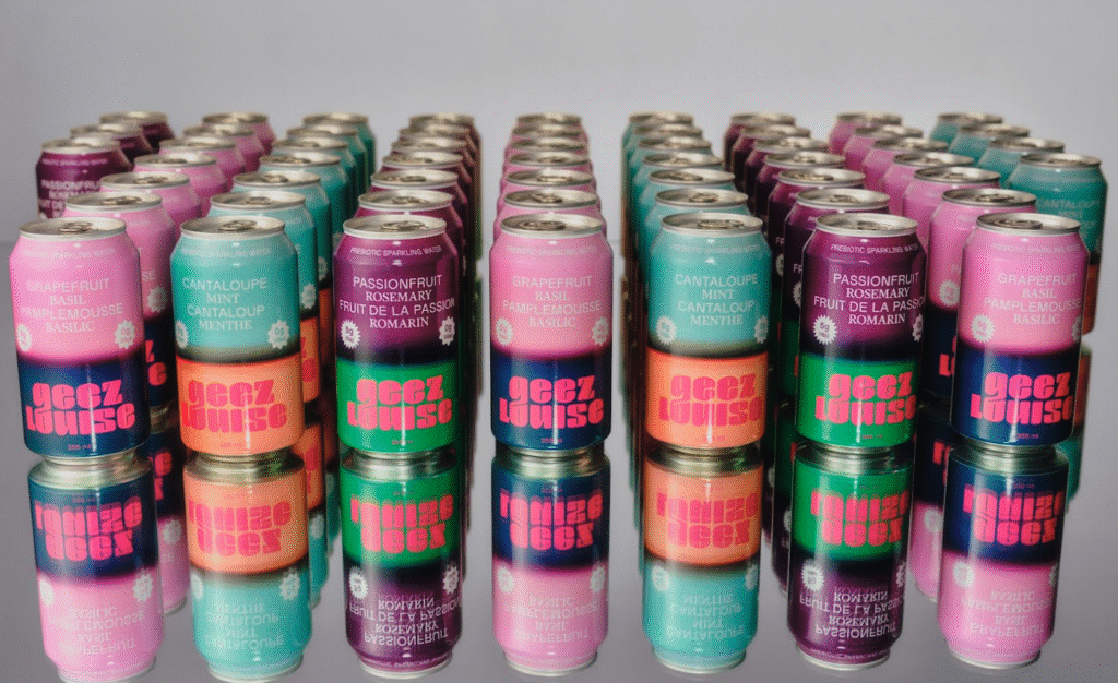 A lineup of Geez Louise cans. 